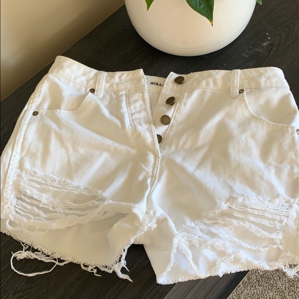 ROLLA’S destroyed white high waisted Jean shorts